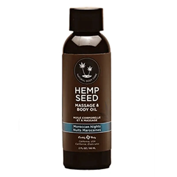 Earthly Body Hemp Seed Massage Oil in Moroccan Nights, 2 fl oz dark bottle with teal label