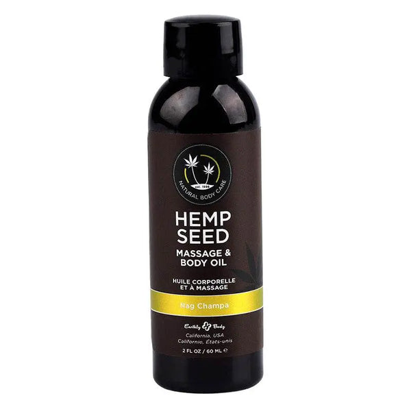 Earthly Body Hemp Seed Massage & Body Oil in Nag Champa scent, 2 fl oz dark bottle