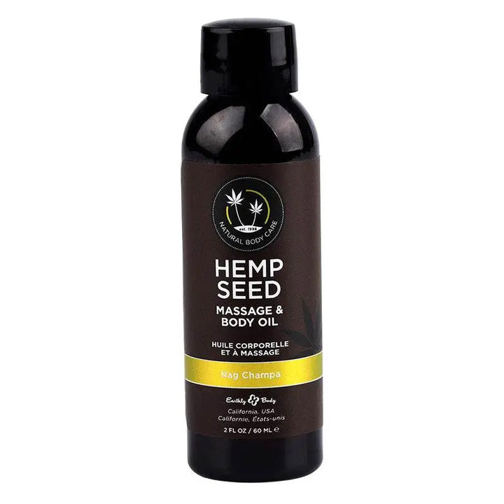 Earthly Body Hemp Seed Massage & Body Oil in Nag Champa scent, 2 fl oz dark bottle