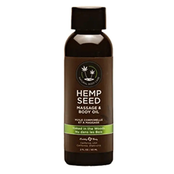 Earthly Body Hemp Seed Massage Oil in Naked in the Woods, 2 fl oz dark bottle with black cap