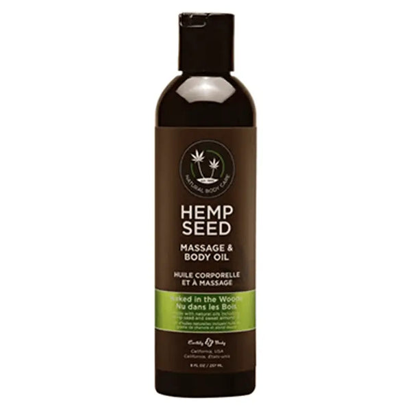 Earthly Body Hemp Seed Massage & Body Oil in Naked in the Woods scent, dark 8 fl oz bottle