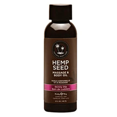 Earthly Body Hemp Seed Massage & Body Oil in Skinny Dip, 2 fl oz dark bottle with pink label