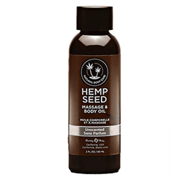 Earthly Body Hemp Seed Massage Oil Unscented in a 2 oz dark amber bottle with pump-ready cap