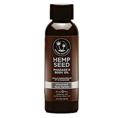 Earthly Body Hemp Seed Massage Oil Unscented in a 2 oz dark amber bottle with pump-ready cap