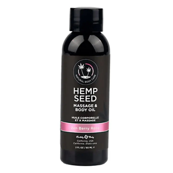 Earthly Body Hemp Seed Massage Oil in Zen Berry Rose, 2 fl oz dark bottle with black cap