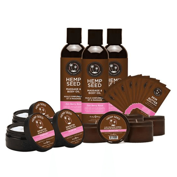 Earthly Body Hemp Seed Zen Berry Rose massage oils, skin butters, and candles set
