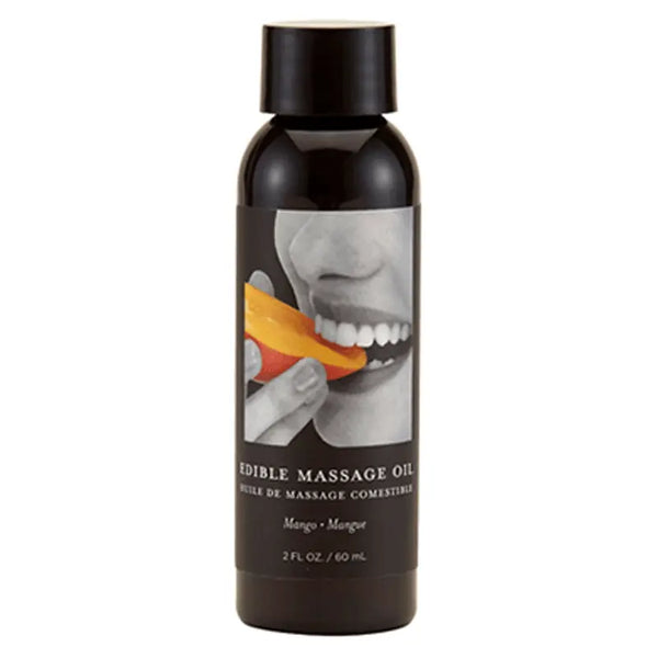 Earthly Body Mango Edible Massage Oil in a 60ml dark bottle with a flip-top cap