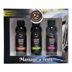 Earthly Body Massage a Trois gift set with three 2 oz hemp seed massage lotion bottles