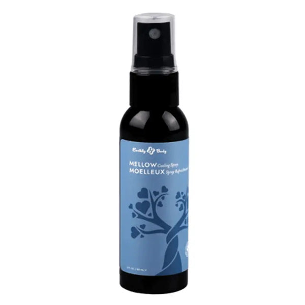 Earthly Body Mellow Cooling Spray in a dark 2 oz pump bottle with blue tree label