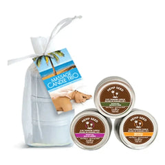 Earthly Body Mini Massage Candle Trio Gift Set in sheer white bag with three tin candles