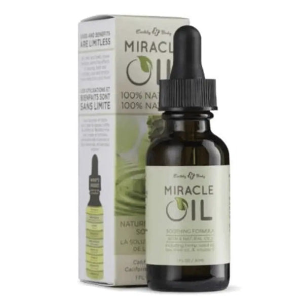 Earthly Body Miracle Oil 1 fl oz dropper bottle beside its green 100% natural box
