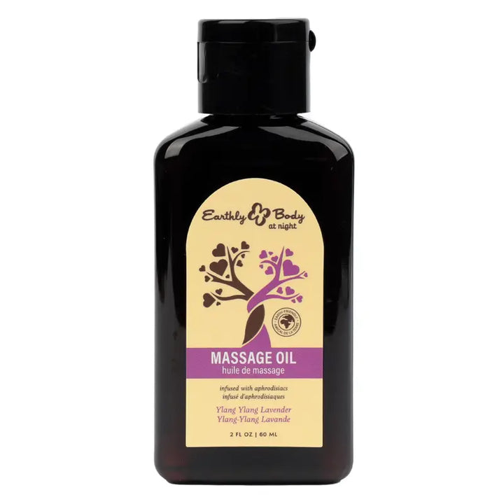 Earthly Body at Night Massage Oil in dark amber bottle with lavender ylang ylang label, 2 fl oz