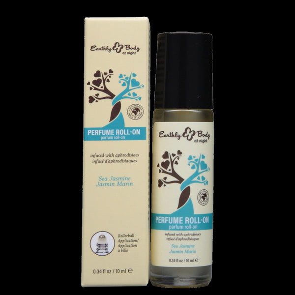 Earthly Body At Night Sea Jasmine Perfume Roll-On 10ml bottle beside its cream and teal box