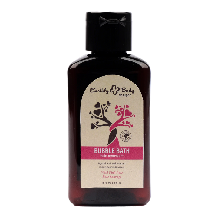 Earthly Body at Night Wild Pink Rose Bubble Bath 2oz amber travel bottle with pink label