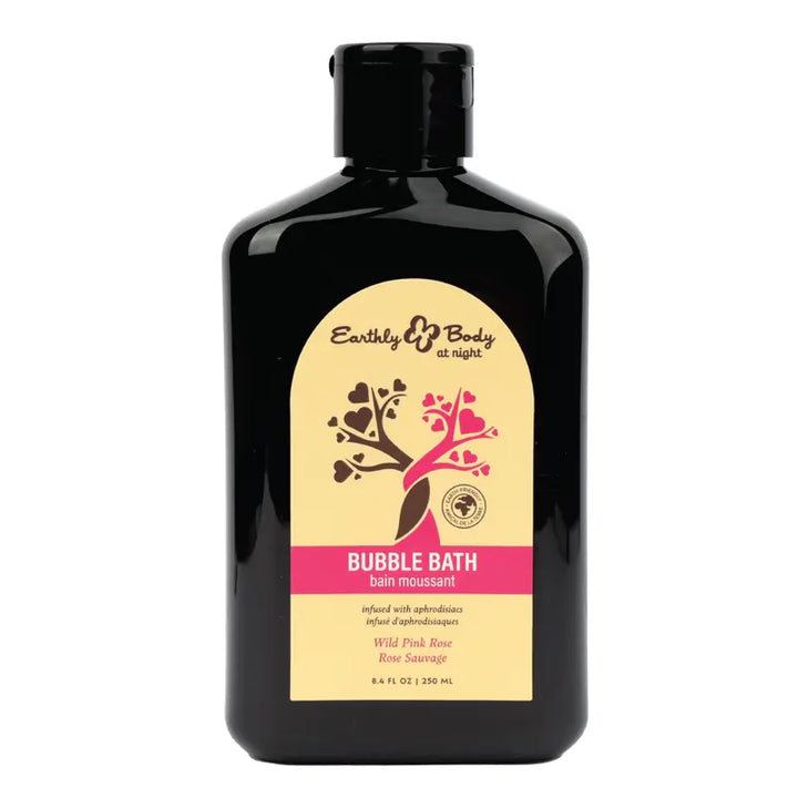 Earthly Body at Night Wild Pink Rose Bubble Bath in a sleek black 8.4oz bottle with cream label