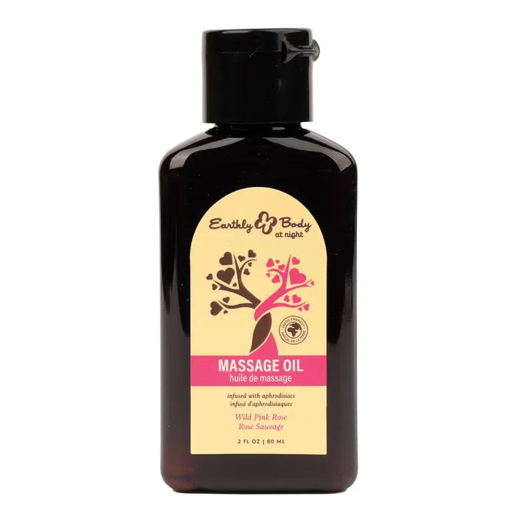 Earthly Body at Night Wild Pink Rose Massage Oil, 2 oz dark amber bottle with flip cap