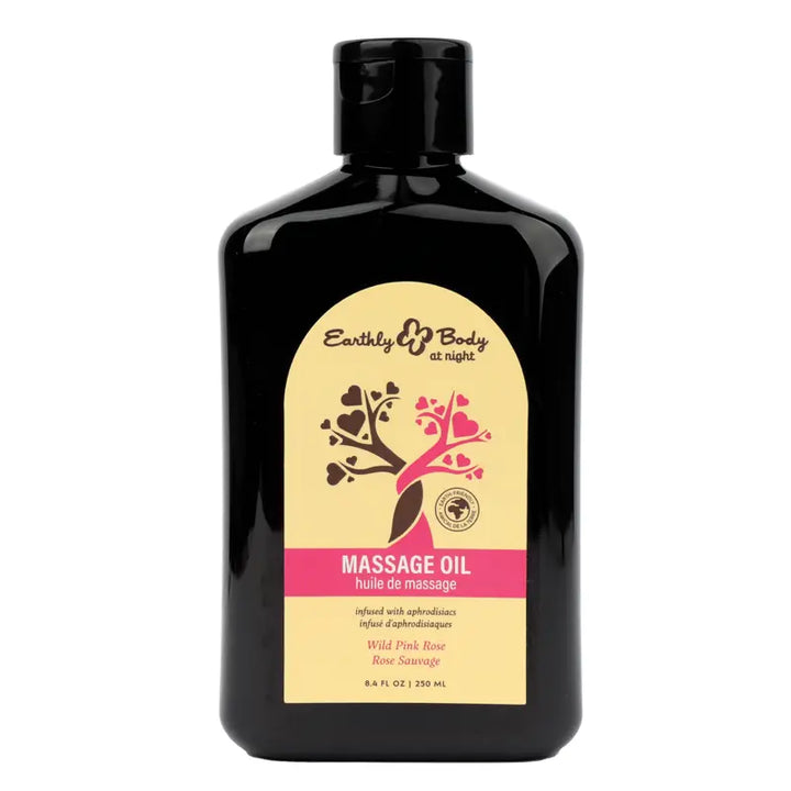 Earthly Body at Night Wild Pink Rose Massage Oil in a 250ml dark amber bottle
