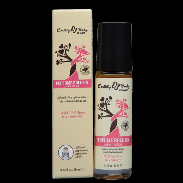 Earthly Body At Night Wild Pink Rose Perfume Roll-On bottle beside cream gift box, 10ml