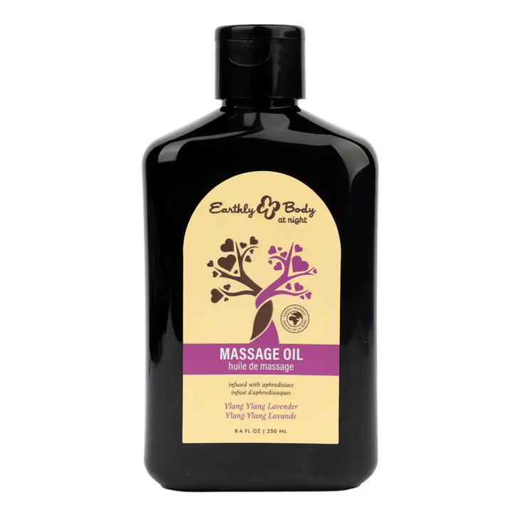 Earthly Body at Night Ylang Ylang Lavender Massage Oil in a dark 8.4 oz bottle