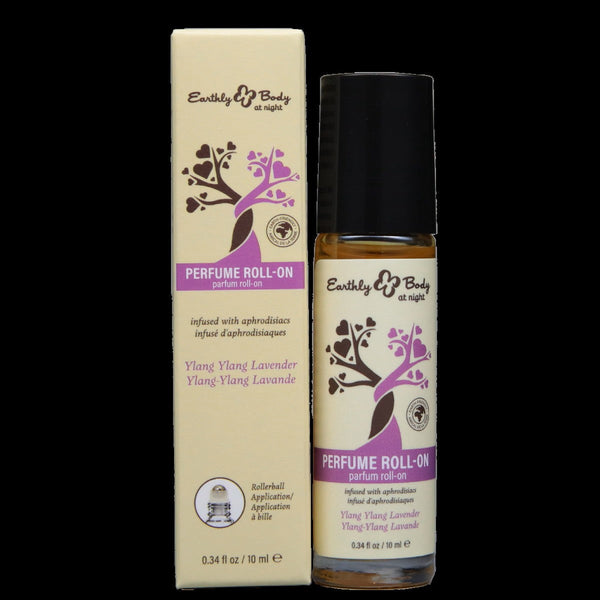 Earthly Body At Night Ylang Ylang Lavender Perfume Roll-On beside cream box, 10ml