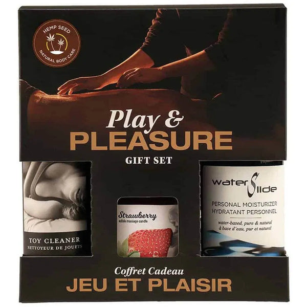 Earthly Body Play & Pleasure Gift Set with toy cleaner, strawberry massage candle, and water-based moisturizer