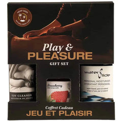 Earthly Body Play & Pleasure Gift Set with toy cleaner, strawberry massage candle, and water-based moisturizer