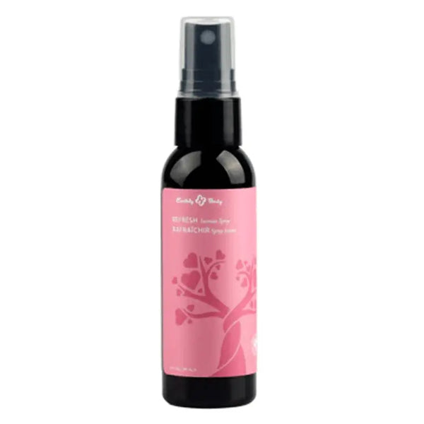 Earthly Body Refresh Intimate Spray in a dark 2 oz pump bottle with a pink floral label