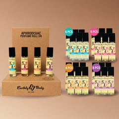 Earthly Body roll-on perfume prepack showing four 6-piece scent assortments in display box