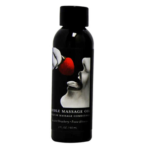 Earthly Body Strawberry Edible Massage Oil in a 2 fl oz black bottle with flip-top cap