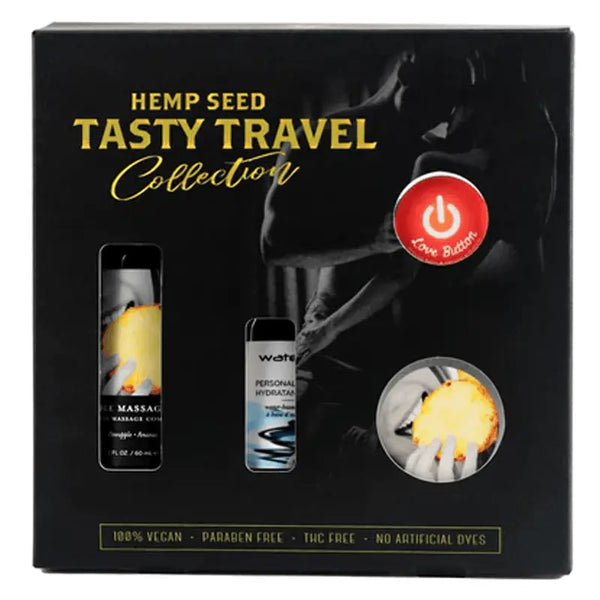 Earthly Body Tasty Travel Gift Set black box with massage oil, lubricant, and love button balm