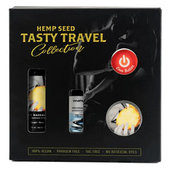 Earthly Body Tasty Travel Gift Set black box with massage oil, lubricant, and love button balm