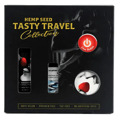Earthly Body Tasty Travel Gift Set box front showing massage oil, lubricant, candle, and arousal balm