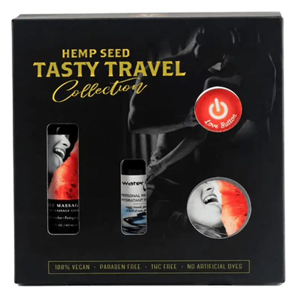 Earthly Body Tasty Travel Gift Set box with massage oil, lubricant, candle, and love button balm