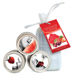 Earthly Body Threesome Edible Mini Candle Trio, three tins in sheer white gift bag with fruit tag