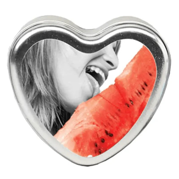 Earthly Body Watermelon Edible Massage Candle in a silver heart-shaped tin