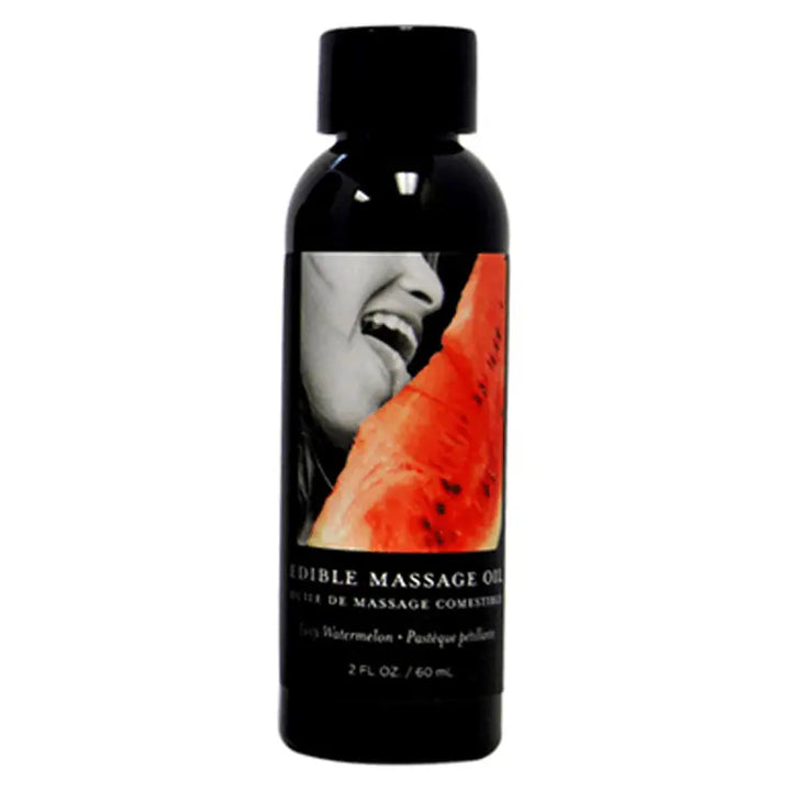 Earthly Body Watermelon Edible Massage Oil in a 2 fl oz dark bottle with flip cap