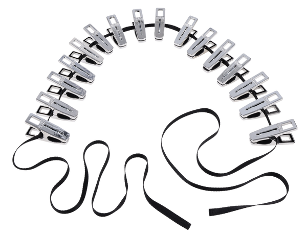 Edge Body Zipper Clothes Pins set arranged in arc shape with black nylon cord threaded through