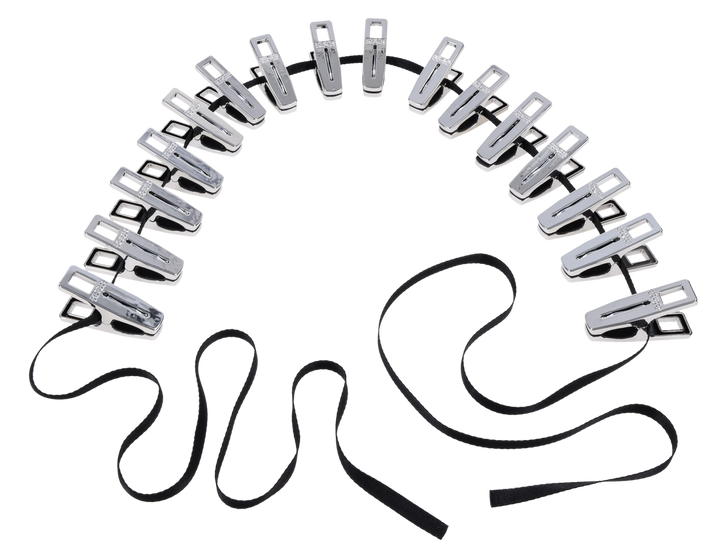 Edge Body Zipper Clothes Pins set arranged in arc shape with black nylon cord threaded through