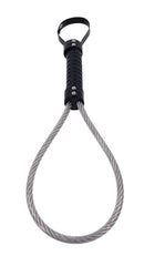 Close-up of Edge Metal Loop Spanker showing braided steel cable loop and ribbed leather handle