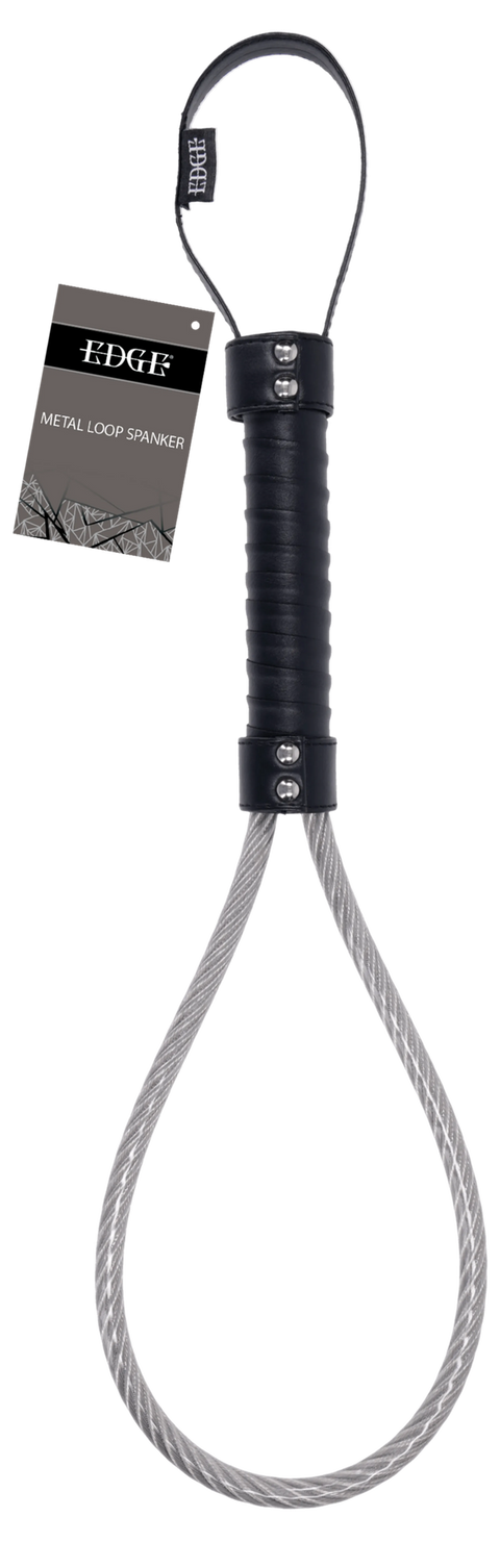 Edge Metal Loop Spanker with braided steel cable loop and wrapped leather handle with hang tag