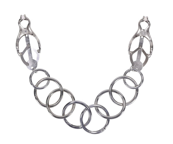 Edge Tuggable Clover Clamps with linked silver O-ring chain, front view