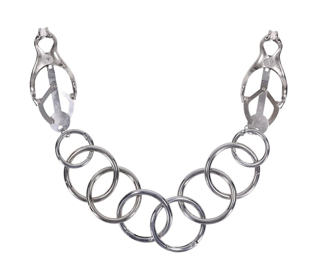 Edge Tuggable Clover Clamps with linked silver O-ring chain, front view