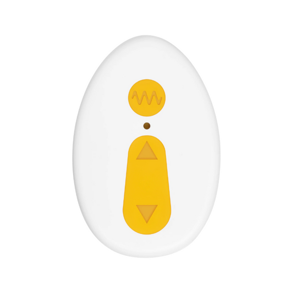 Egg-shaped white wireless remote with yellow control buttons for adjusting vibration modes and intensity