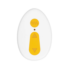 Egg-shaped white wireless remote with yellow control buttons for adjusting vibration modes and intensity