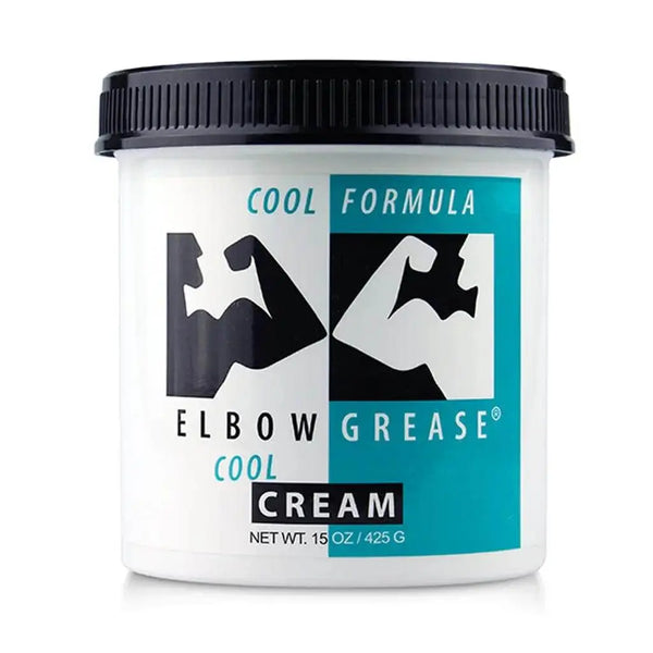 Elbow Grease Cool Cream Formula 15 oz jar with teal and black label, cooling lubricant