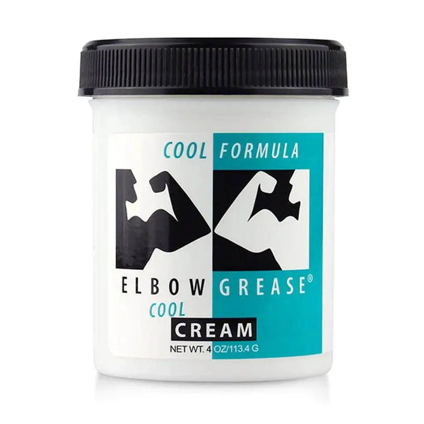 Elbow Grease Cool Cream Formula in a 4 oz white jar with black lid, cooling lubricant