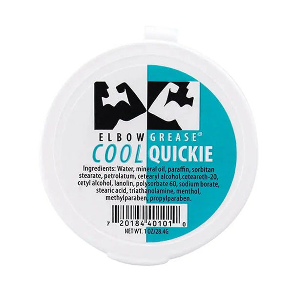 Elbow Grease Cool Quickie cream lubricant in a round 1 oz teal and white compact tin
