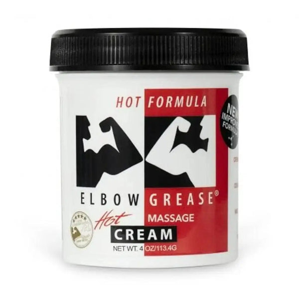 Elbow Grease Hot Cream Formula 4 oz jar with black lid, warming massage cream
