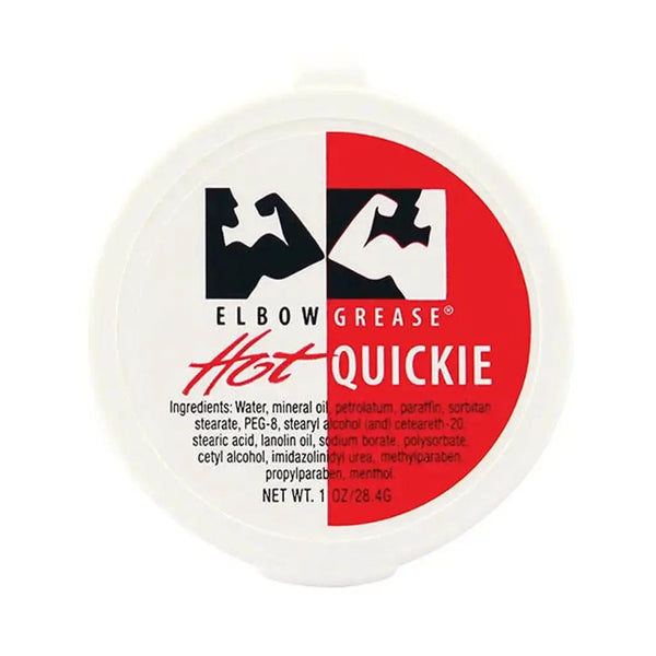Elbow Grease Hot Quickie warming cream in a compact 1 oz white circular tub