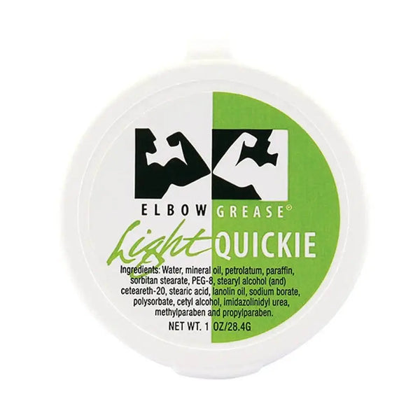 Elbow Grease Light Quickie cream lubricant in a compact 1 oz white twist-top jar